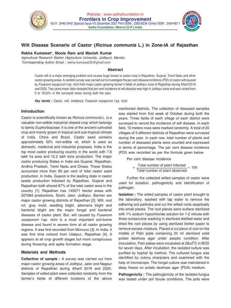 Wilt Disease Scenario of Castor (Ricinus Communis L.) in ZoneIA of