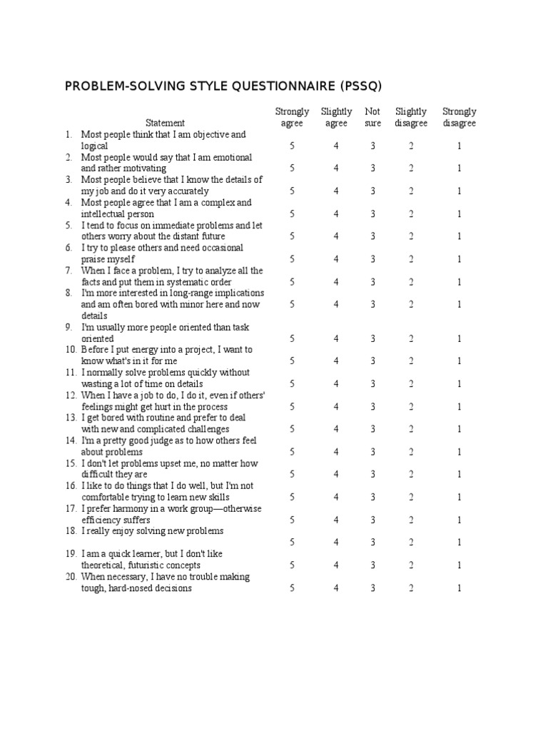 problem solving skills assessment questionnaire