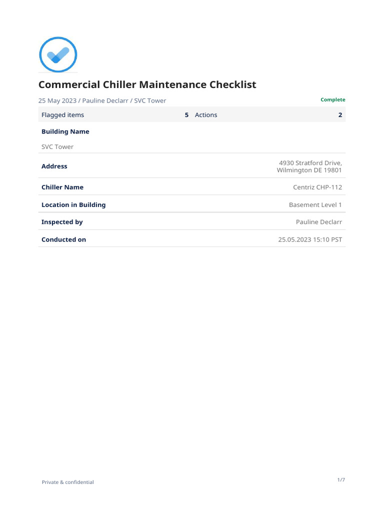 Commercial Chiller Maintenance Checklist Sample Report PDF Water