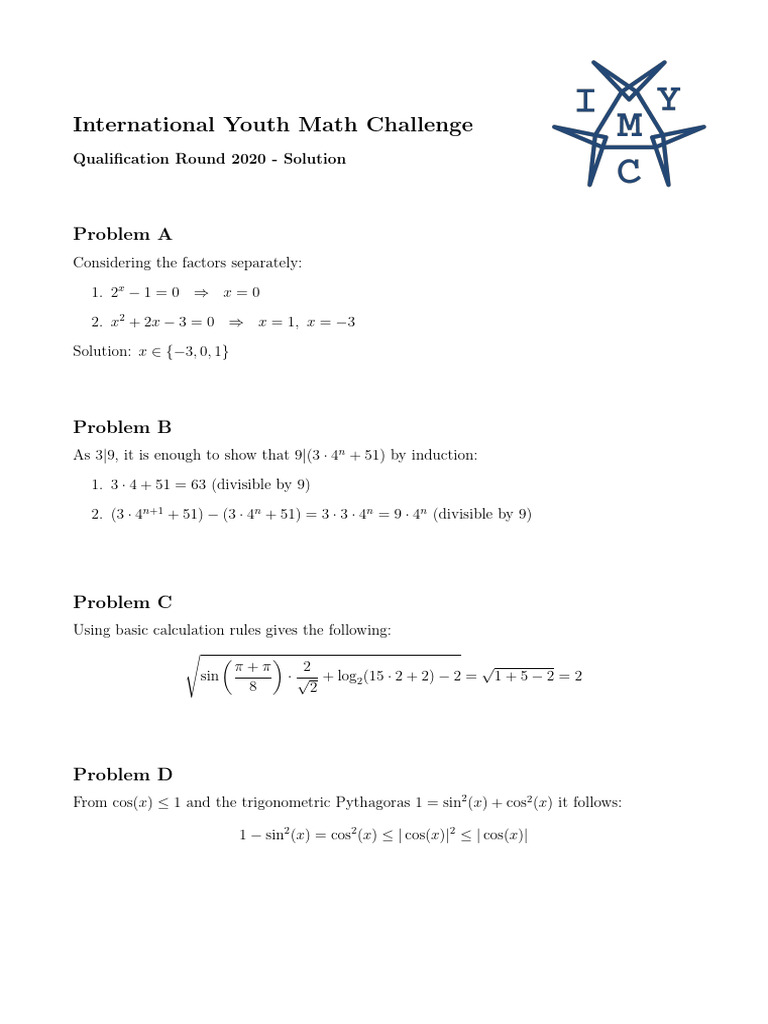 Solutions to Youth Math Challenge 2020 | PDF