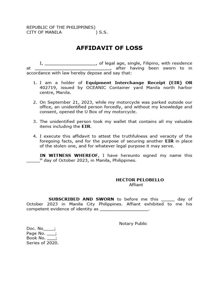 Affidavit of Loss for Stolen EIR | PDF
