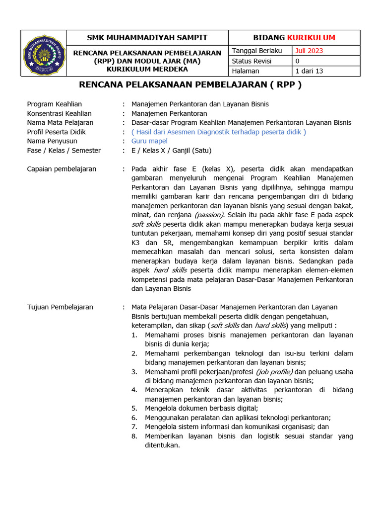Ikm Form Rpp Modul Ajar Mata Pelajaran Pdf