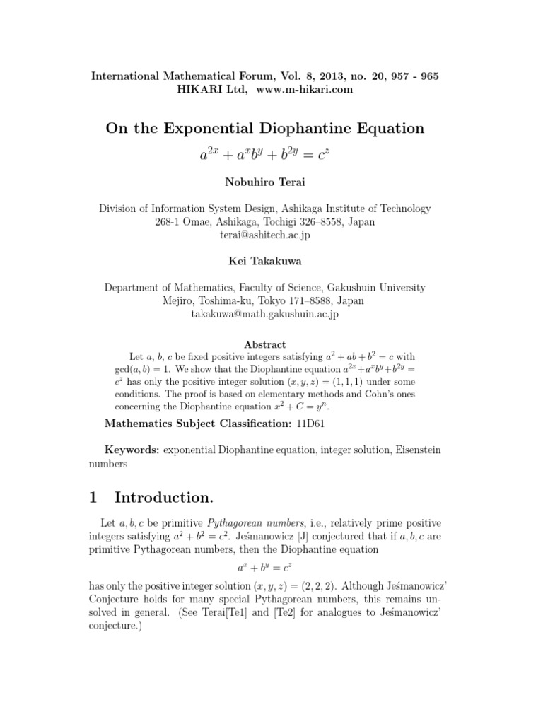 On the exponential diophantine equation international mathematical