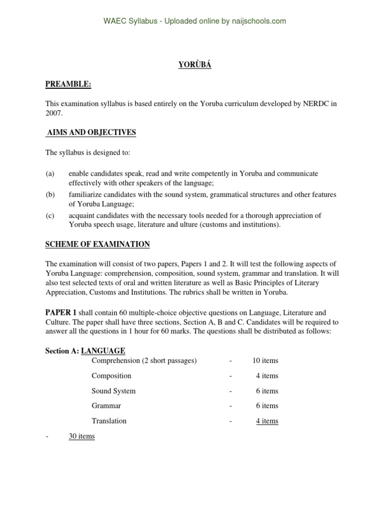 WAEC Syllabus For Yoruba PDF