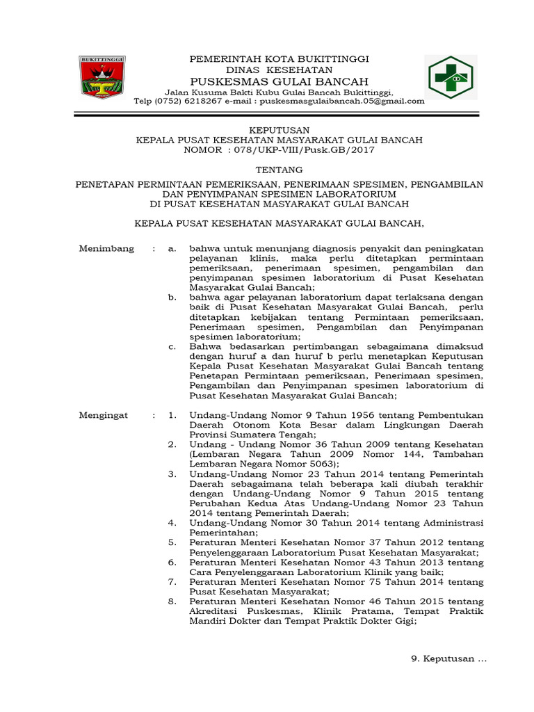 8.1.2.1 SK Permintaan Pemeriksaan, Penerimaan Spesimen, Pengambilan Dan Penyimpanan Spesimen PDF
