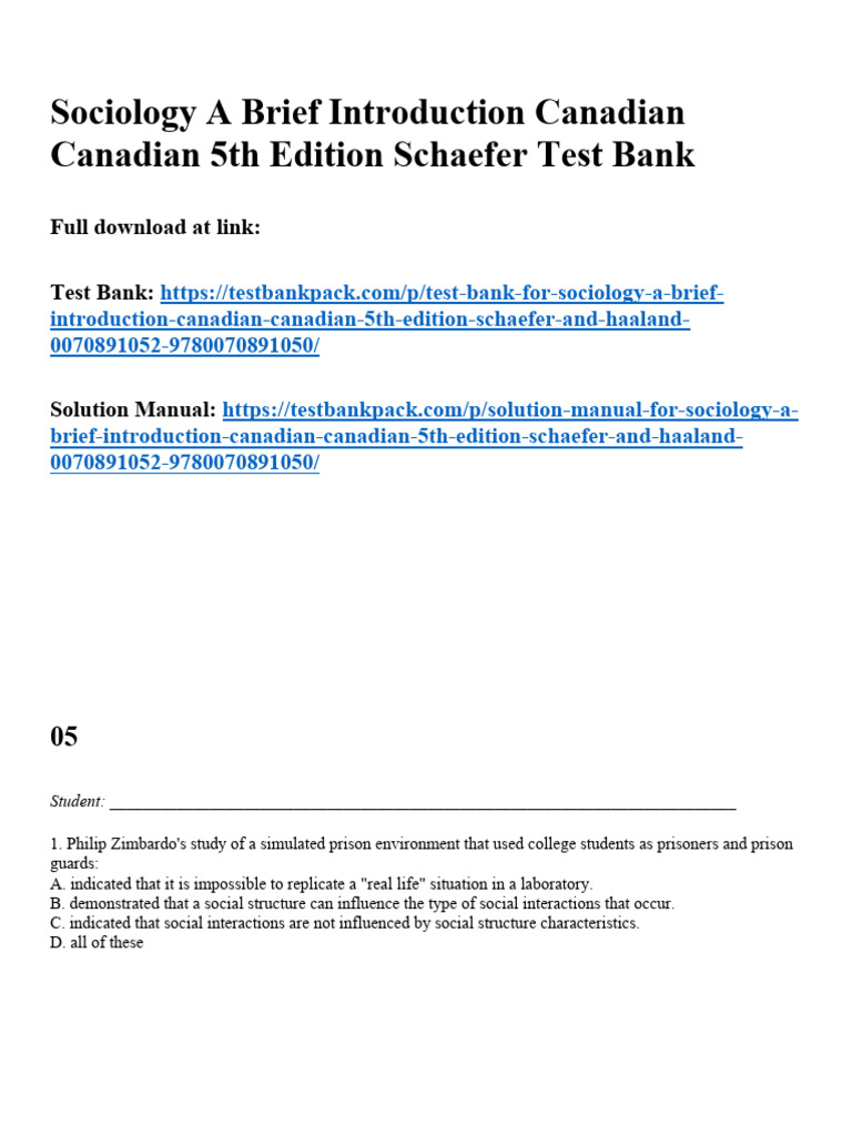 Sociology a brief introduction canadian canadian 5th edition schaefer