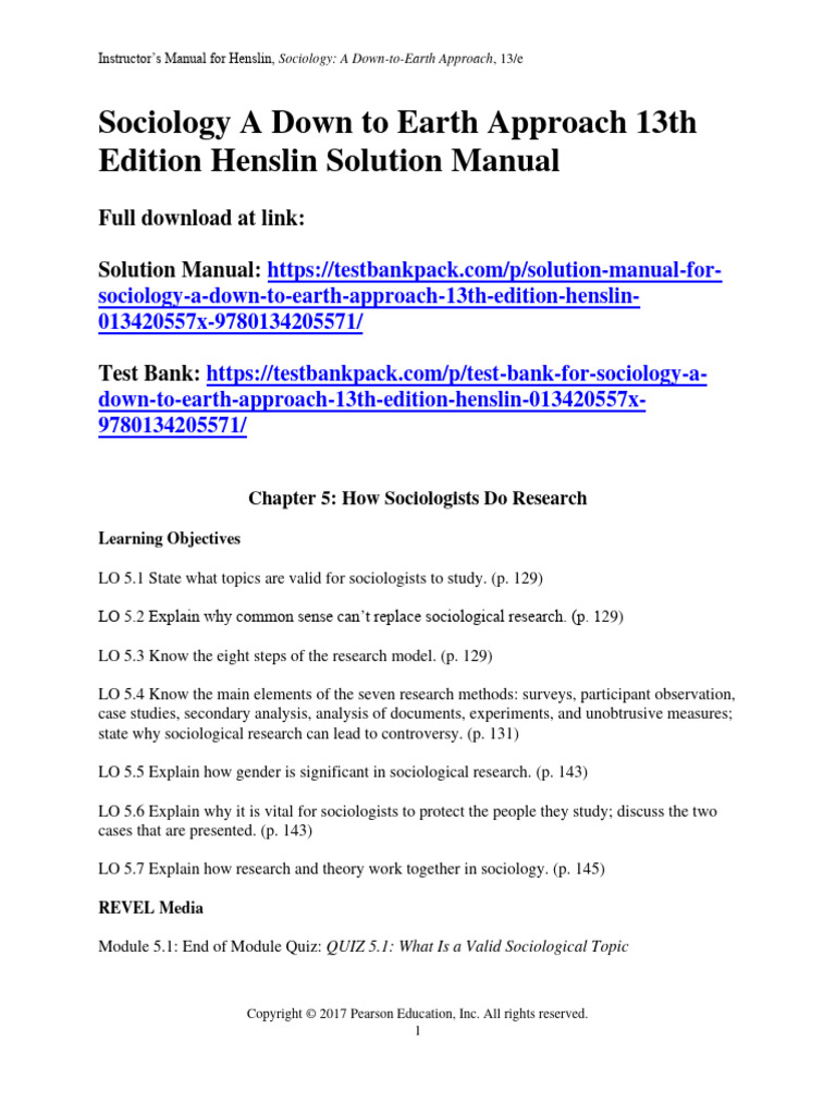 Sociology A Down To Earth Approach 13th Edition Henslin Solutions Manual 1 | PDF