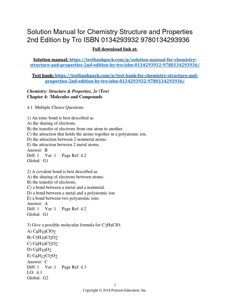 Chemistry Structure and Properties 2nd Edition Tro Test Bank 1 | PDF