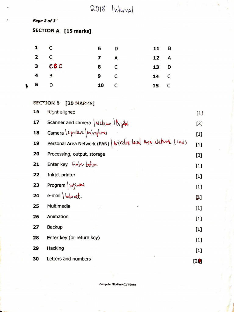 2018 Computer Studies Grade 9 Internal Mark Scheme PDF