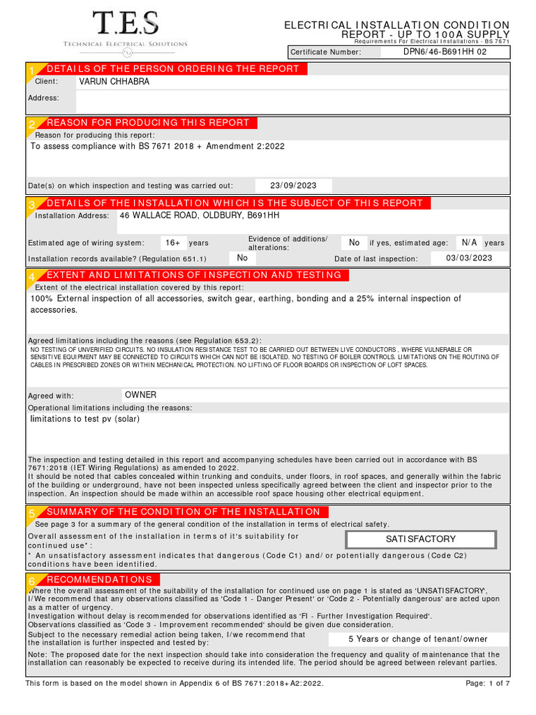 EICR Report: Installation Satisfactory | PDF