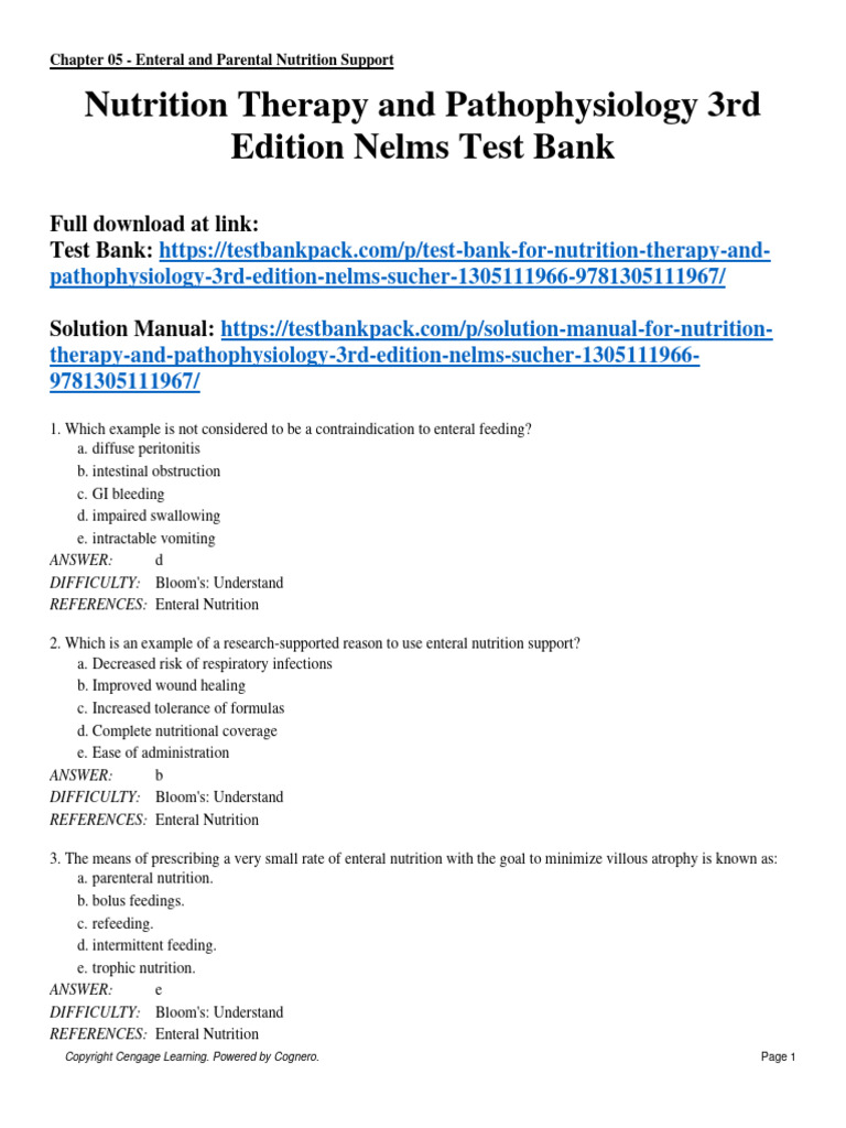 Nutrition Therapy and Pathophysiology 3rd Edition Nelms Test Bank 1