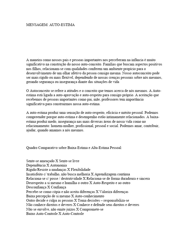 TEXTO - Mensagem de Auto-Estima | PDF | Autoestima | Transtorno de ...