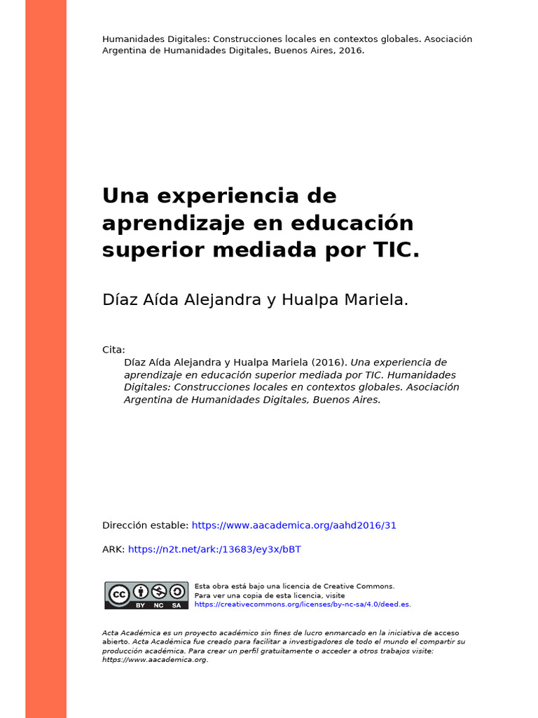 Díaz Aída Alejandra y Hualpa Mariela (2016) - Una Experiencia de