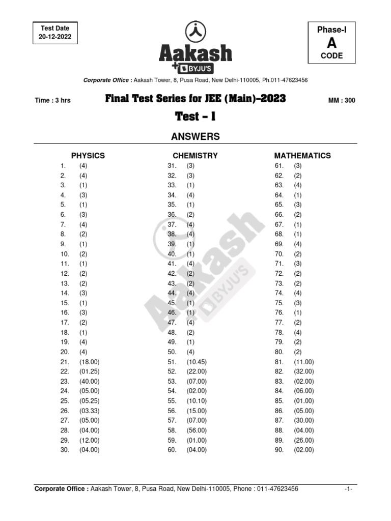 FTS - Test-1 - (Code-A) - JEE (Main) - 2023 (20-12-2022) Sol | PDF