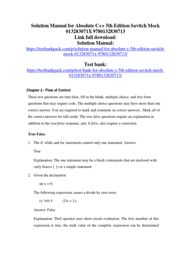 Solution Manual for Absolute C++ 5th Edition | PDF