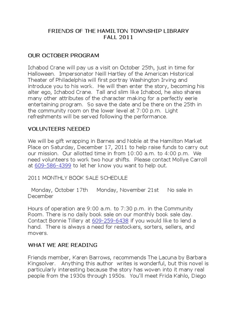 Friends of The Hamilton Township Library FALL 2011 Our October Program ...