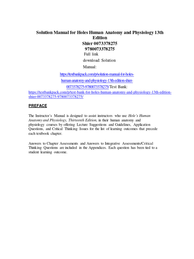 Solution Manual For Holes Human Anatomy and Physiology 13th Edition Shier 0073378275