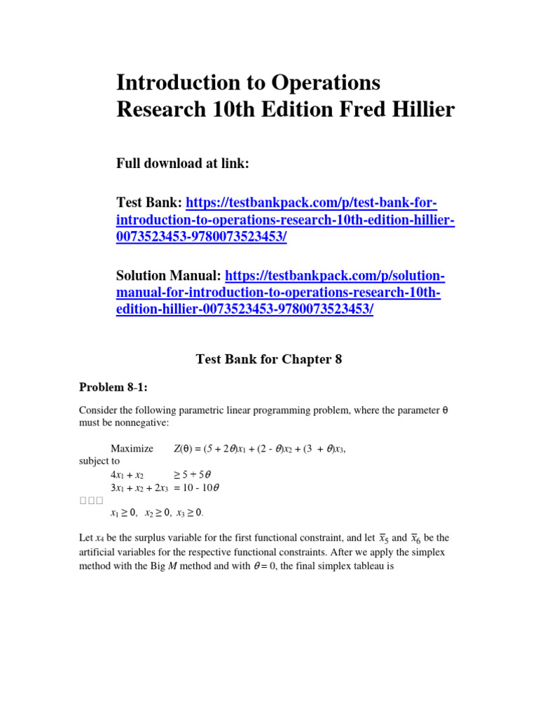 Introduction To Operations Research 10th Edition Fred Hillier Test Bank ...