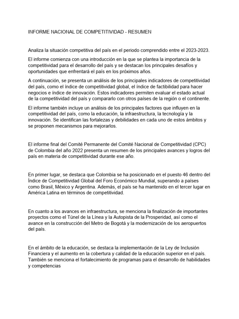 Resumen Documento Informe Nacional de Competitividad | PDF