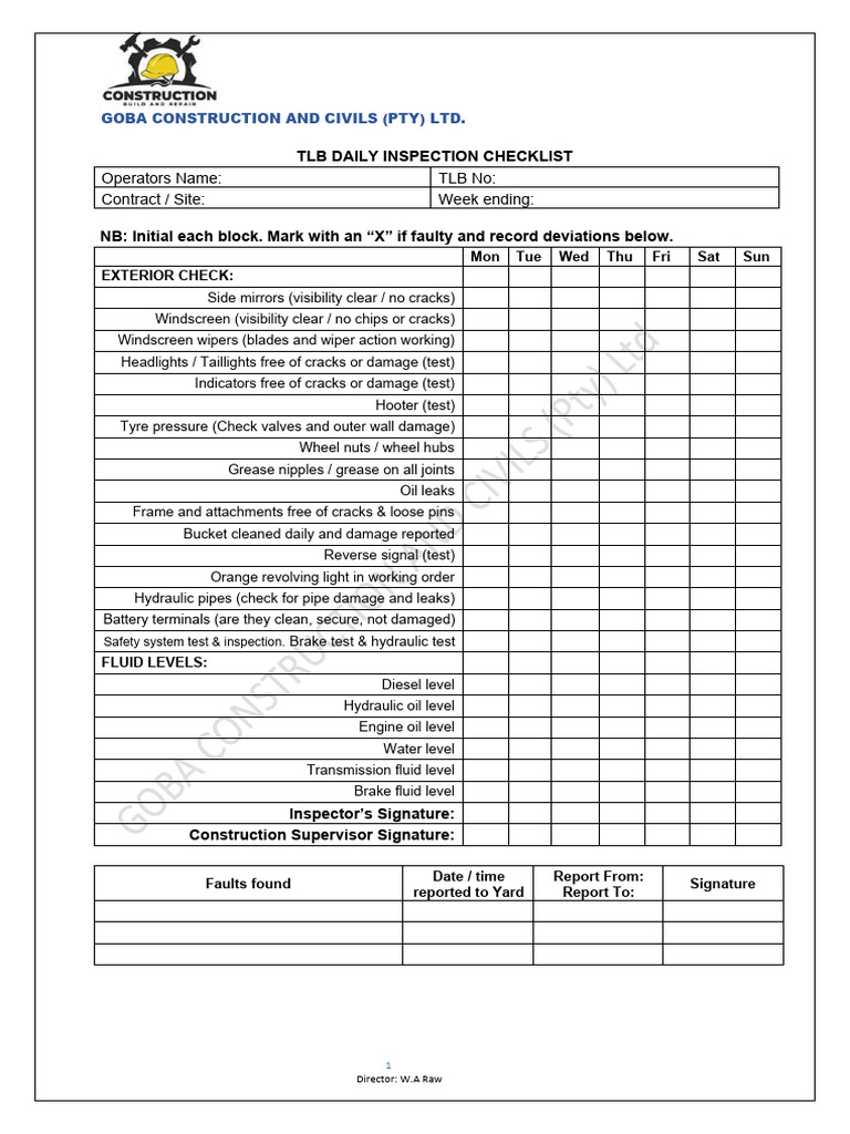 TLB Daily Inspection Checklist | PDF