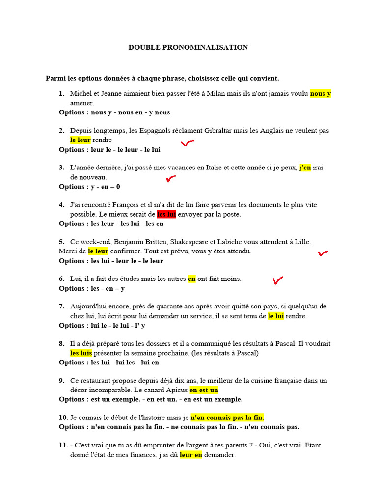 Exercices de double pronominalisation | PDF | Échecs