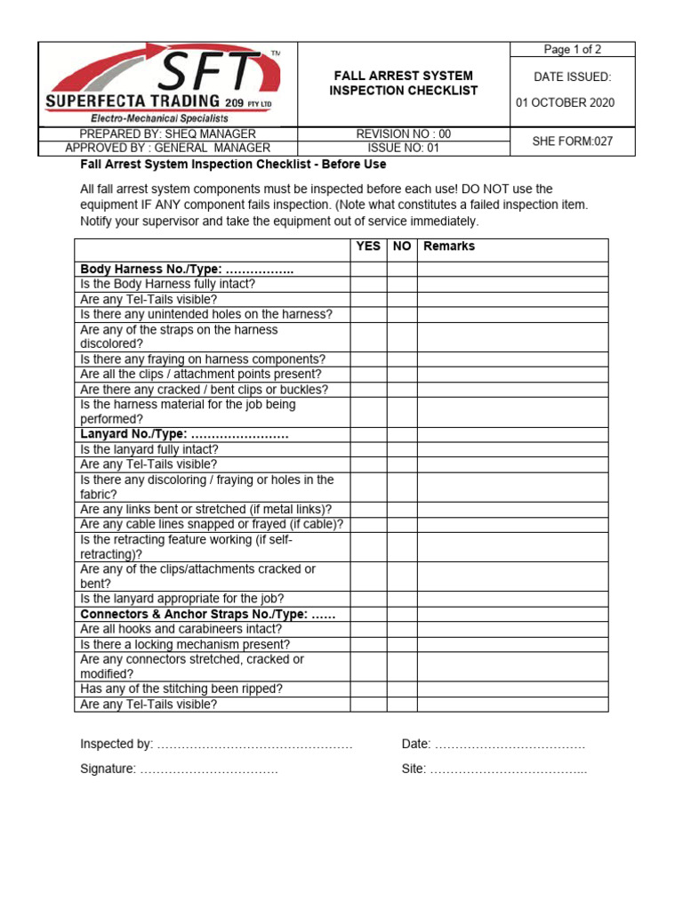 Fall Arrest System Inspection Checklist | PDF