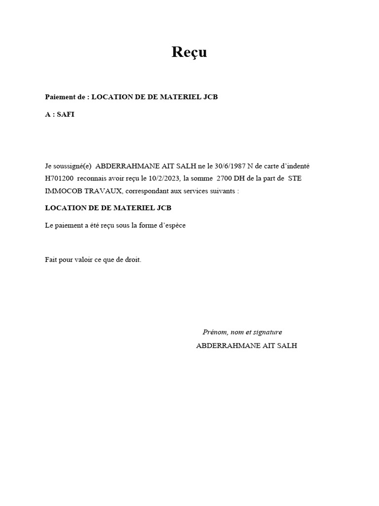 Modèle de reçu de paiement en espèce | PDF