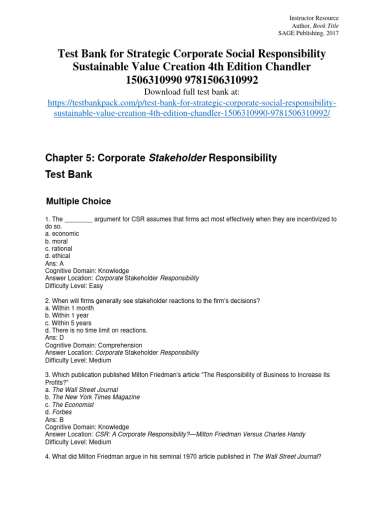 Test Bank for CSR Strategies | PDF