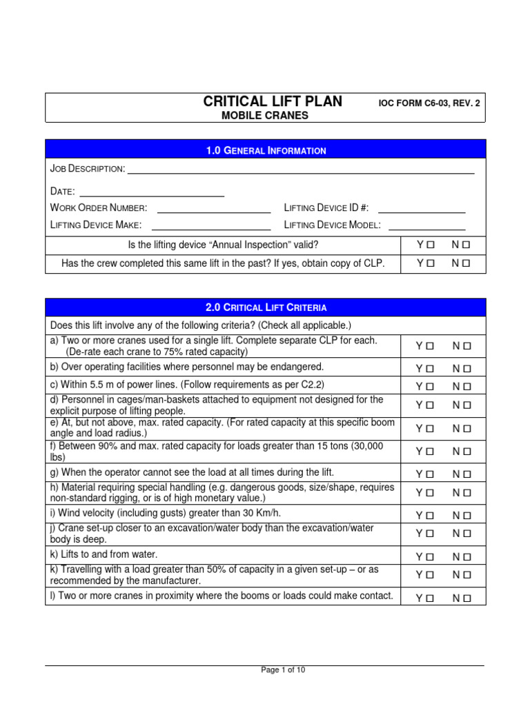 CRITICAL LIFT PLAN TEMPLATE (FILLABLE) | PDF