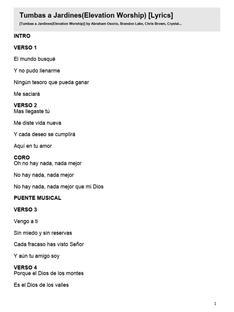 Tumbas A Jardines (Elevation Worship) Lyrics PDF