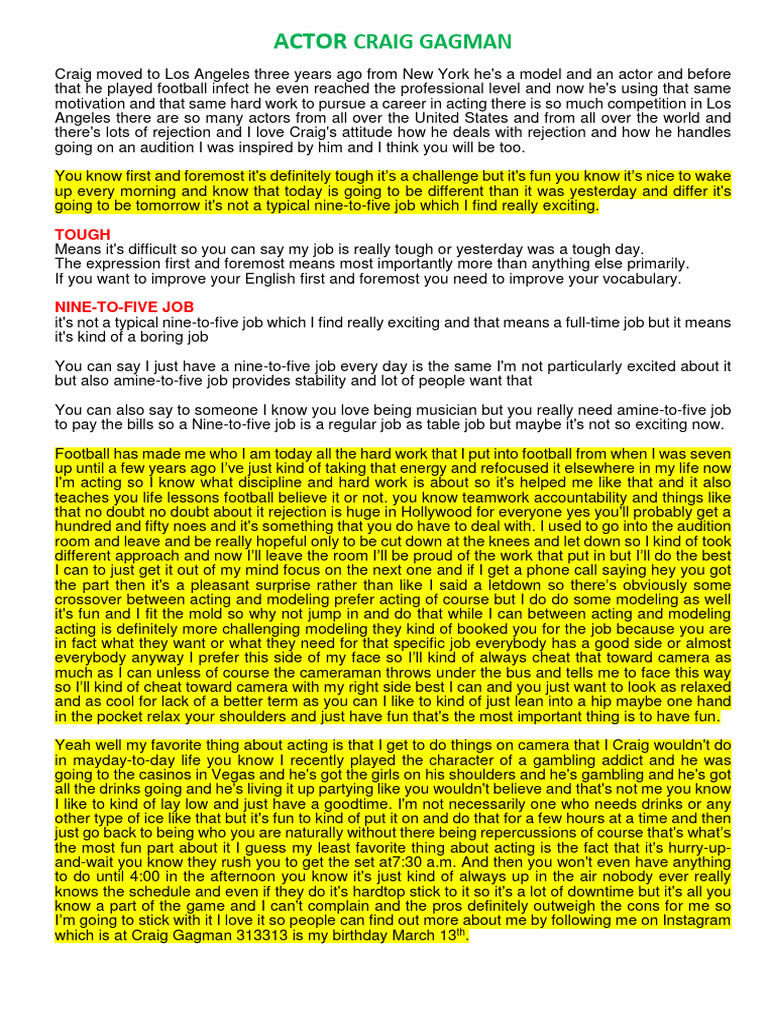 Craig Gagman's Journey in Acting | PDF