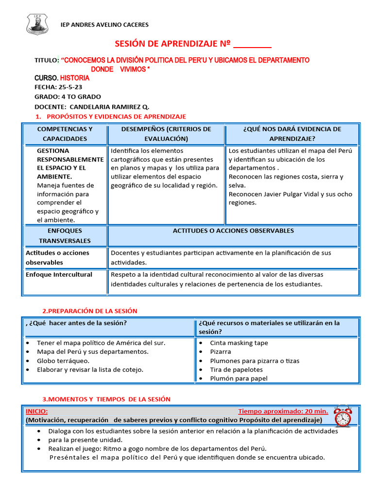 Sesión de Clase Historia Cuarto Grado | PDF | Perú | Aprendizaje