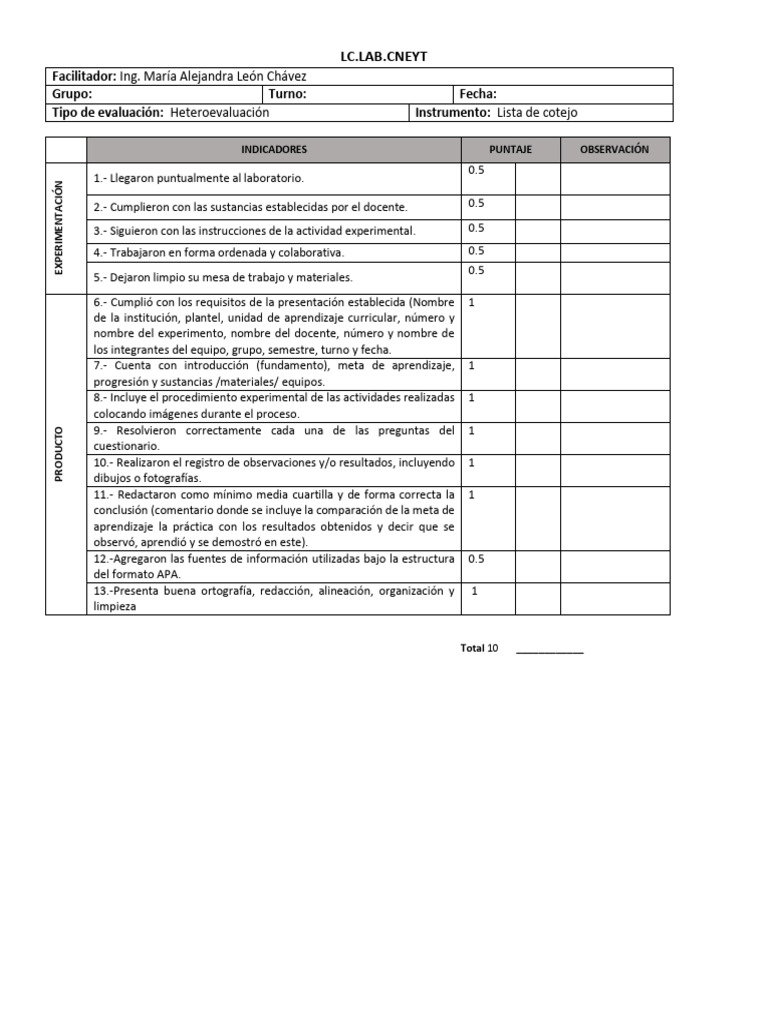 lista de cotejo-lab-CNEYT | PDF