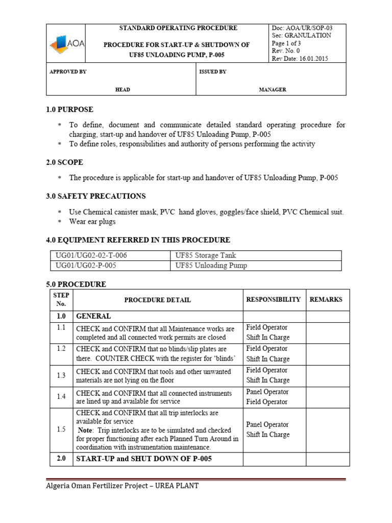 UF85 Unloading Pump Start-Up Procedure | PDF