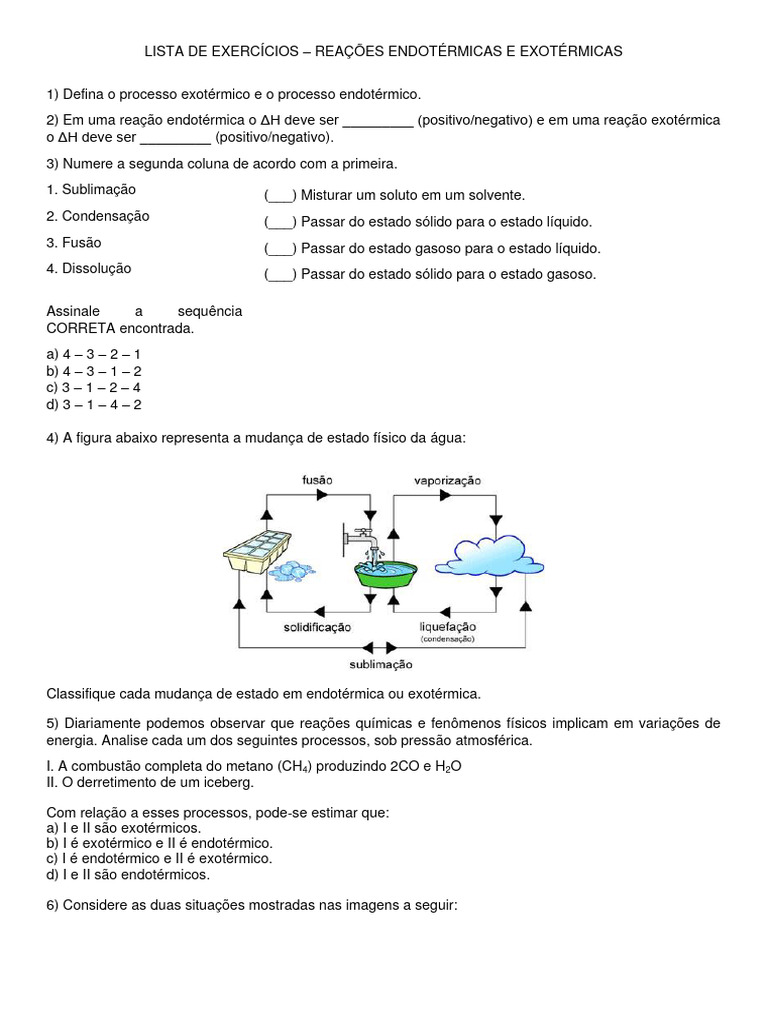 Exercícios sobre Reações Endotérmicas e Exotérmicas | PDF | Entalpia ...