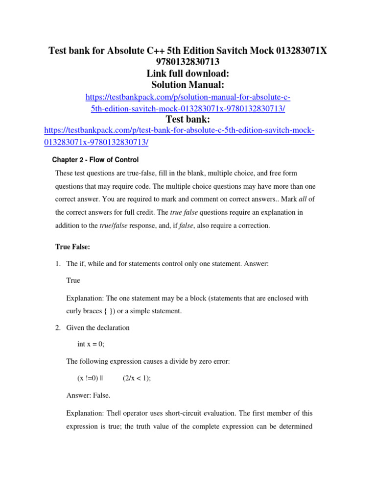 Test Bank For Absolute C 5th Edition Savitch Mock 013283071X ...