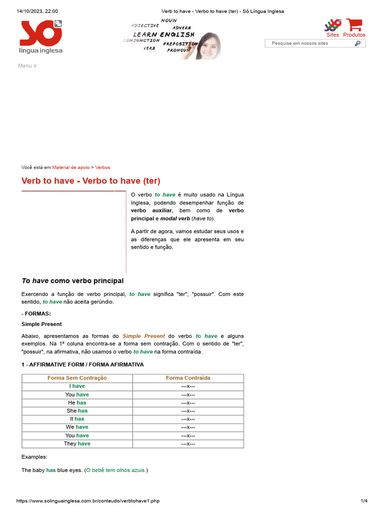 Verb to Have - Verbo to Have (Ter) - Só Língua Inglesa | PDF