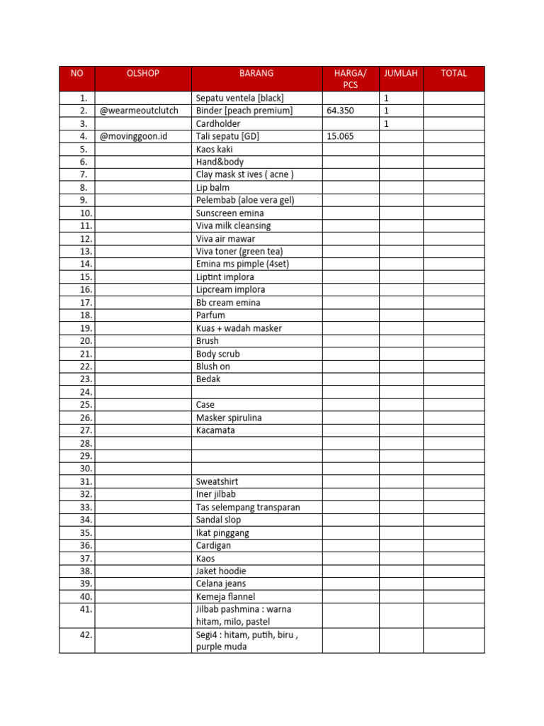 Fashion And Beauty Product List Pdf