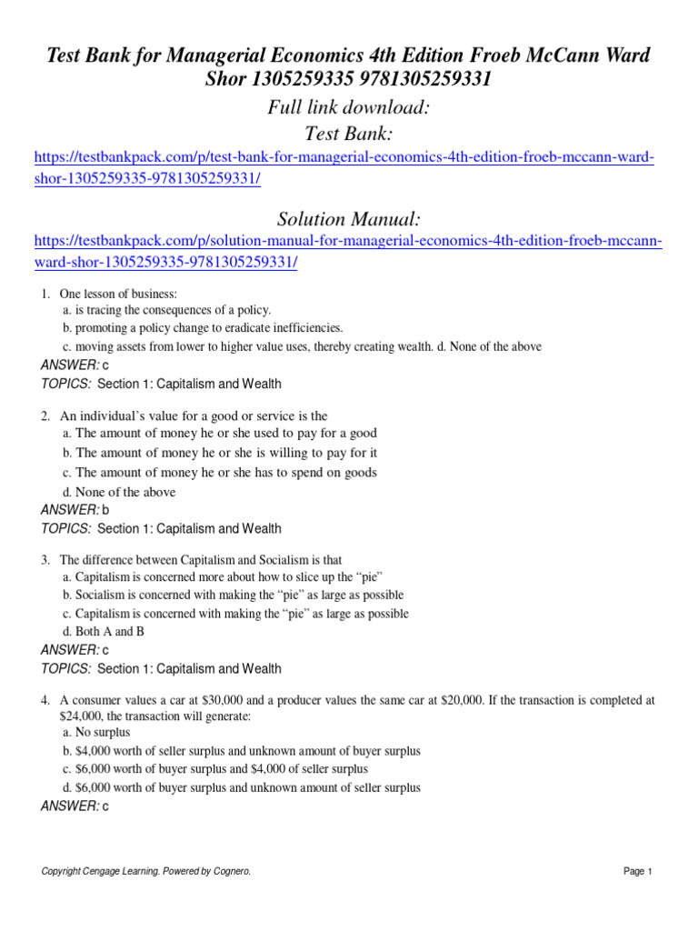 Test Bank For Managerial Economics 4th Edition Froeb McCann Ward Shor ...