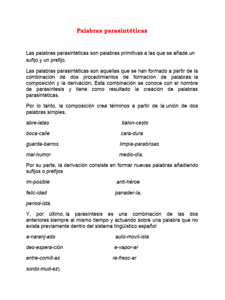 Palabras Parasintéticas y Ejemplos | PDF | Artes del Lenguaje y ...