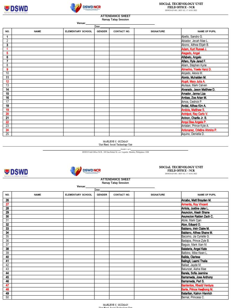 NanayTatay Attendance Sheet Full | PDF