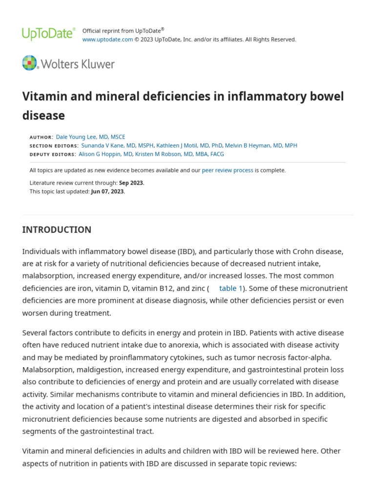 Vitamin and Mineral Deficiencies in Inflammatory Bowel Disease UpToDate PDF