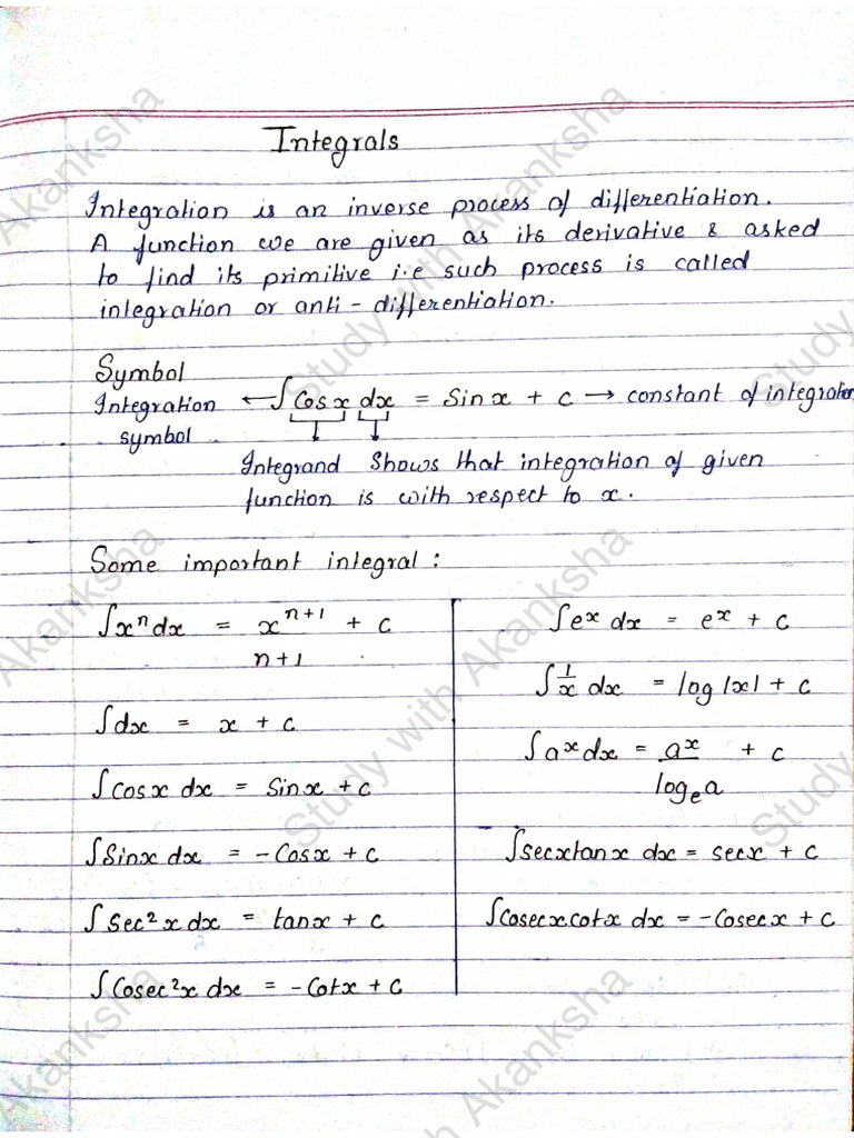 Class 12 integrals notes pdf