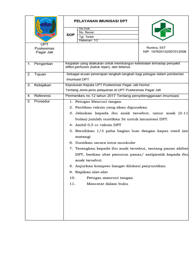 Pelayanan Imunisasi DPT: No - Dok: No. Revisi: Tgl. Terbit: Halaman: 1/ ...