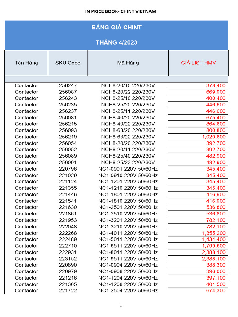 説明文 230401 Bảng Giá Chint Hs | PDF | Technology & Engineering