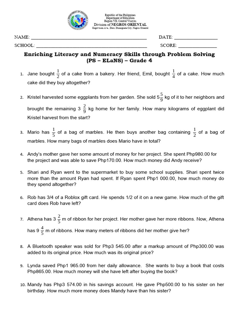 Grade 4 PS-ELaNS Math Problems | PDF