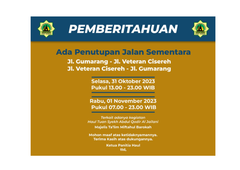 Pengumuman Penutupan Jalan di Kota Jambi, Jumat 24 Oktober 2025