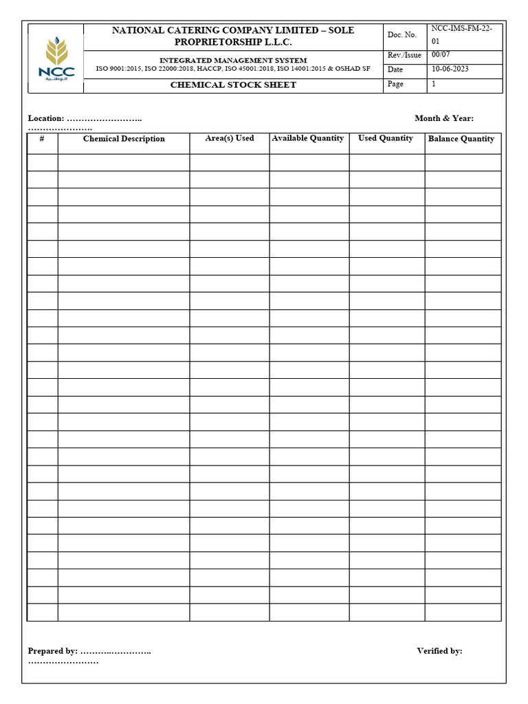 NCC IMS FM 22 01 Chemicals Stock Sheet Is7 0 PDF