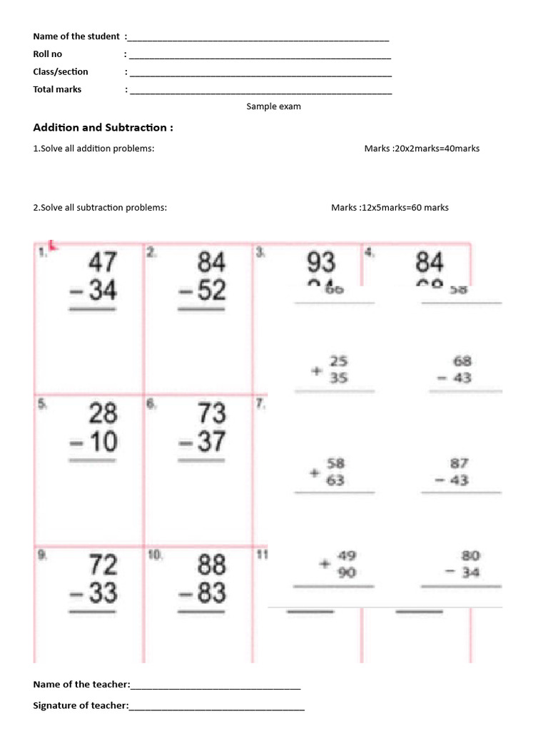 Addition and Subtraction Test Sheet | PDF