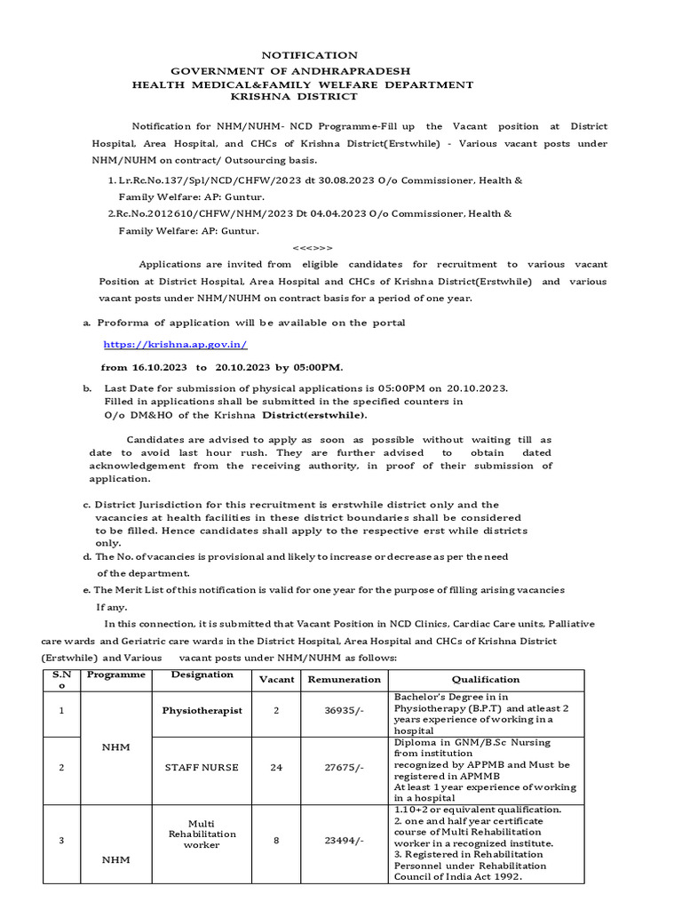Notification On HEALTH MEDICAL&FAMILY WELFARE DEPARTMENT KRISHNA ...